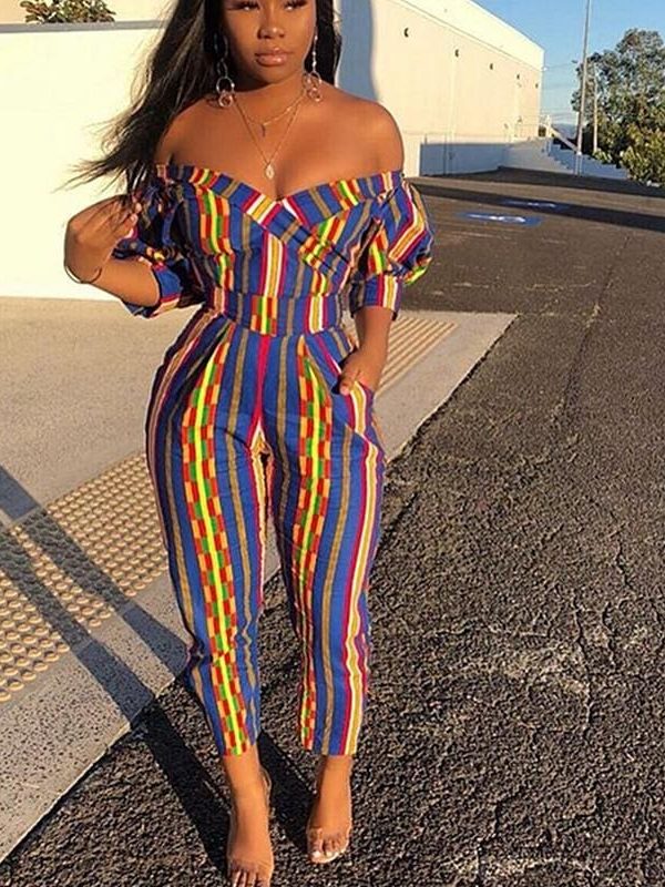 The Best Striped Women Jumpsuit Off Shoulder Strapless Romper Ladies Summer Casual Long Pants Trouser Streetwear Online - Takalr