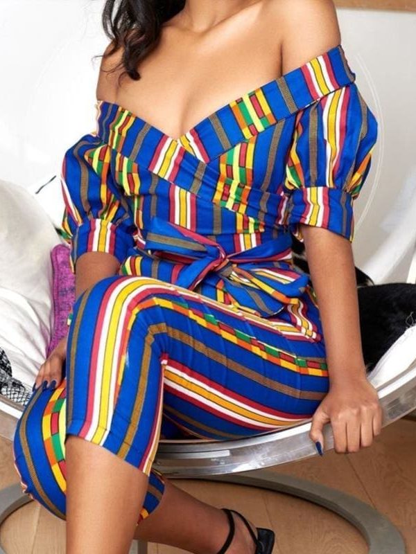 The Best Striped Women Jumpsuit Off Shoulder Strapless Romper Ladies Summer Casual Long Pants Trouser Streetwear Online - Takalr