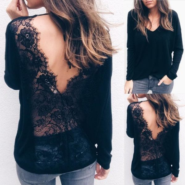 The Best Stylish Women Lady Tops Casual Floral Lace Backless V Neck Long Sleeve Blouse Shirt Summer Autumn Tops Online - Takalr