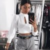 The Best Stylish Women's Casual Hollow Out Long Sleeve Tops Shirt Autumn Ladies Round Neck Slim Fit Party Blouse Tops Online - Takalr