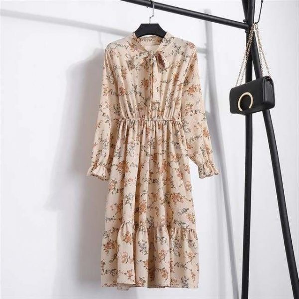 The Best Summer Autumn Chiffon Print Dress floral Long Bowknot Dresses Online - Source Silk