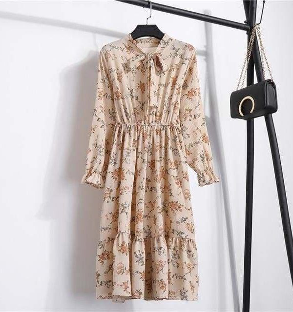 The Best Summer Autumn Chiffon Print Dress floral Long Bowknot Dresses Online - Source Silk