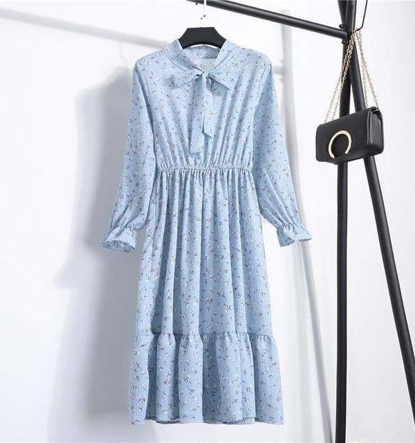 The Best Summer Autumn Chiffon Print Dress floral Long Bowknot Dresses Online - Source Silk