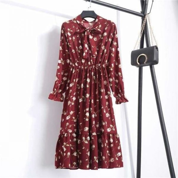 The Best Summer Autumn Chiffon Print Dress floral Long Bowknot Dresses Online - Source Silk