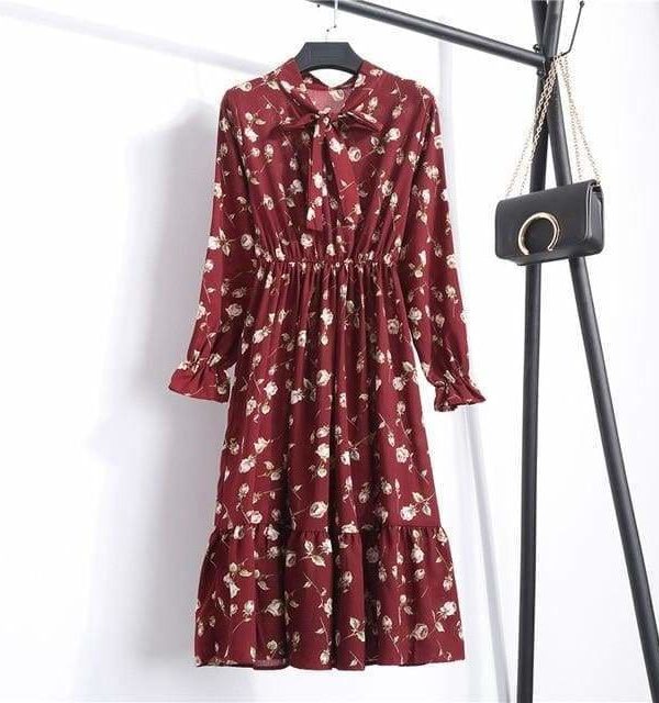 The Best Summer Autumn Chiffon Print Dress floral Long Bowknot Dresses Online - Source Silk