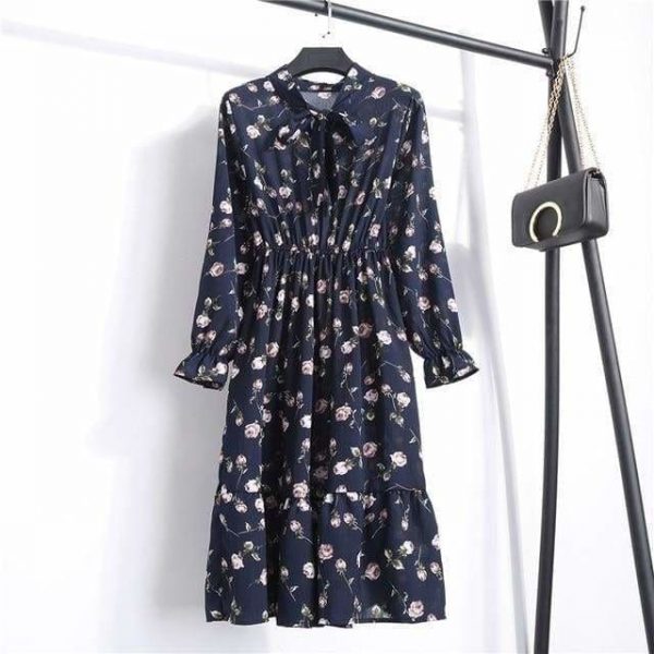 The Best Summer Autumn Chiffon Print Dress floral Long Bowknot Dresses Online - Source Silk