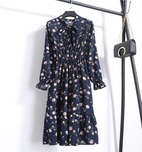 The Best Summer Autumn Chiffon Print Dress floral Long Bowknot Dresses Online - Source Silk