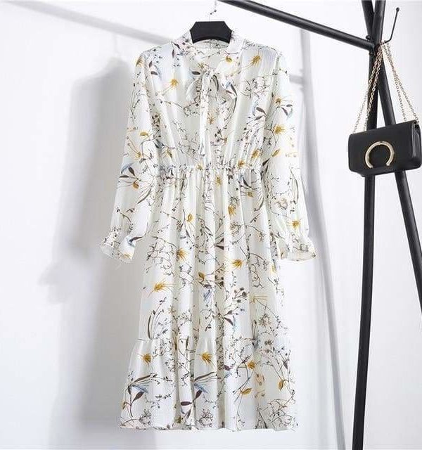 The Best Summer Autumn Chiffon Print Dress floral Long Bowknot Dresses Online - Source Silk