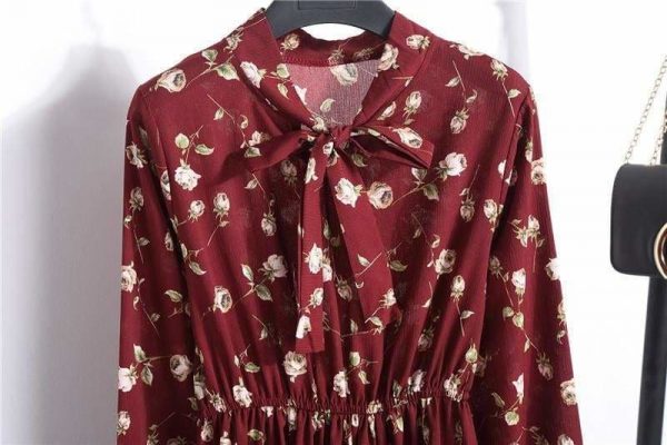 The Best Summer Autumn Chiffon Print Dress floral Long Bowknot Dresses Online - Source Silk