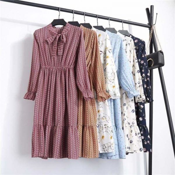 The Best Summer Autumn Chiffon Print Dress floral Long Bowknot Dresses Online - Source Silk