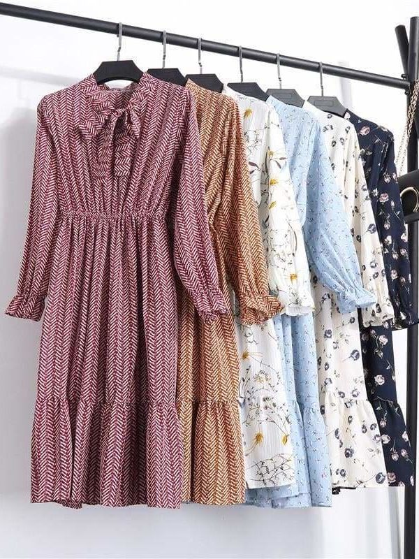 The Best Summer Autumn Chiffon Print Dress floral Long Bowknot Dresses Online - Source Silk