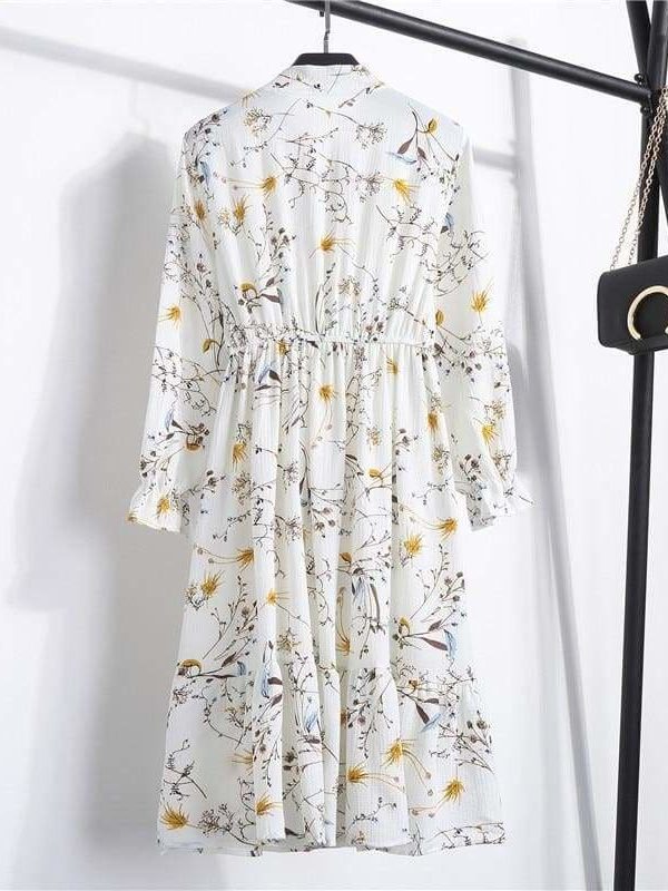 The Best Summer Autumn Chiffon Print Dress floral Long Bowknot Dresses Online - Source Silk