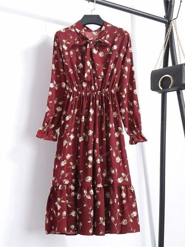 The Best Summer Autumn Chiffon Print Dress floral Long Bowknot Dresses Online - Source Silk