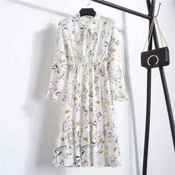 The Best Summer Autumn Chiffon Print Dress floral Long Bowknot Dresses Online - Source Silk