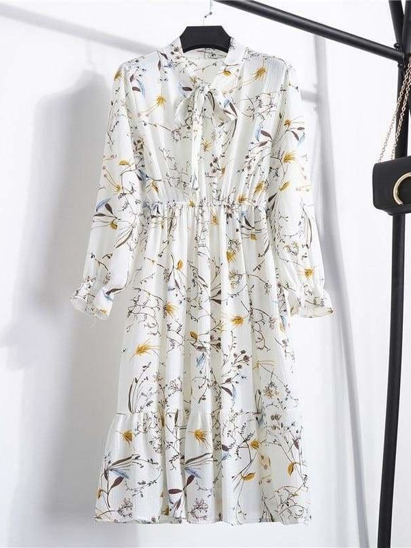 The Best Summer Autumn Chiffon Print Dress floral Long Bowknot Dresses Online - Source Silk