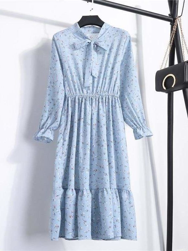 The Best Summer Autumn Chiffon Print Dress floral Long Bowknot Dresses Online - Source Silk