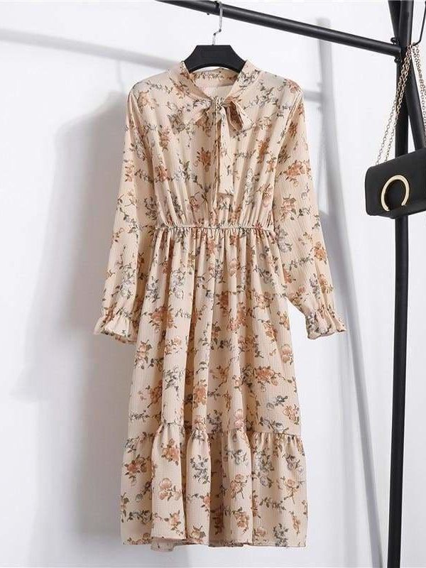 The Best Summer Autumn Chiffon Print Dress floral Long Bowknot Dresses Online - Source Silk