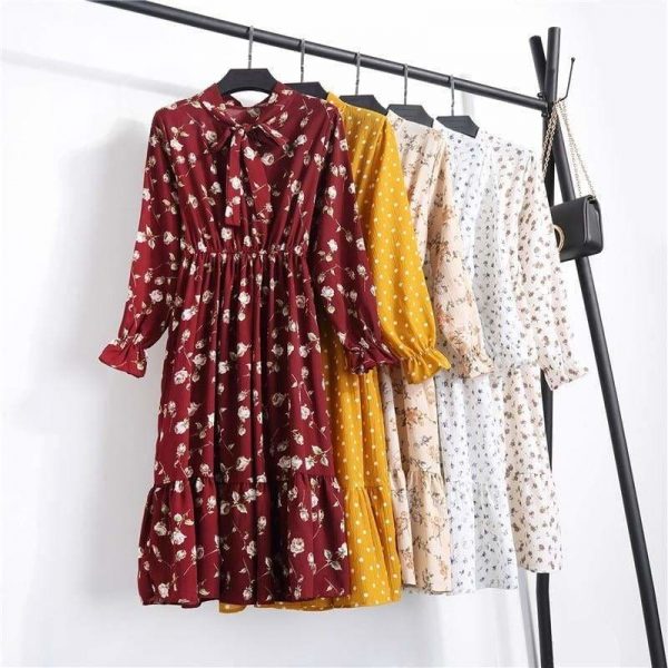 The Best Summer Autumn Chiffon Print Dress floral Long Bowknot Dresses Online - Source Silk