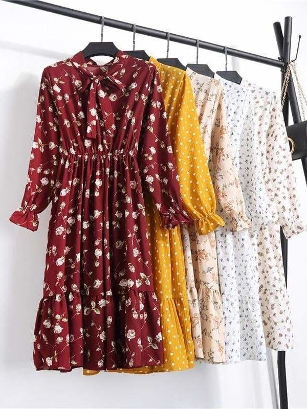 The Best Summer Autumn Chiffon Print Dress floral Long Bowknot Dresses Online - Source Silk