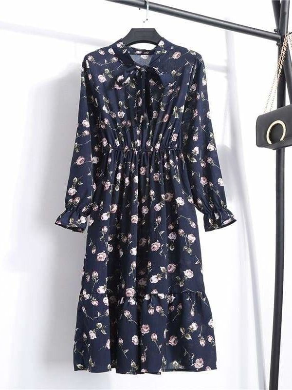 The Best Summer Autumn Chiffon Print Dress floral Long Bowknot Dresses Online - Source Silk