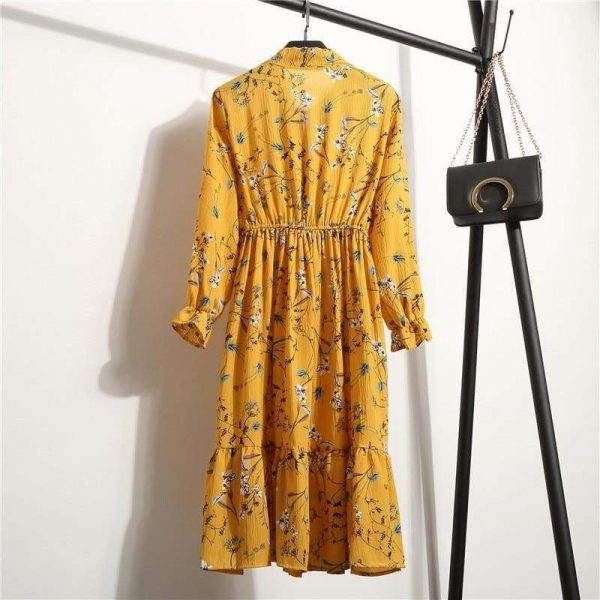 The Best Summer Autumn Chiffon Print Dress floral Long Bowknot Dresses Online - Source Silk