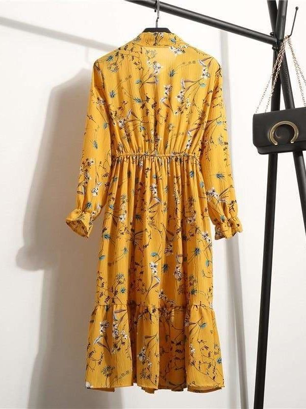 The Best Summer Autumn Chiffon Print Dress floral Long Bowknot Dresses Online - Source Silk