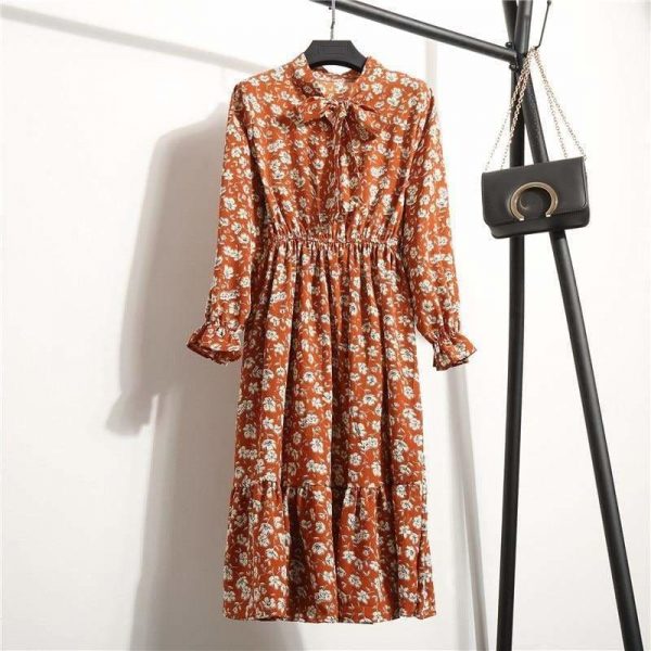 The Best Summer Autumn Chiffon Print Dress floral Long Bowknot Dresses Online - Source Silk