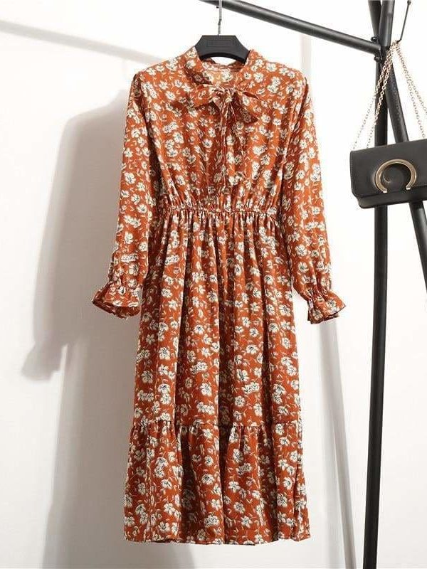 The Best Summer Autumn Chiffon Print Dress floral Long Bowknot Dresses Online - Source Silk