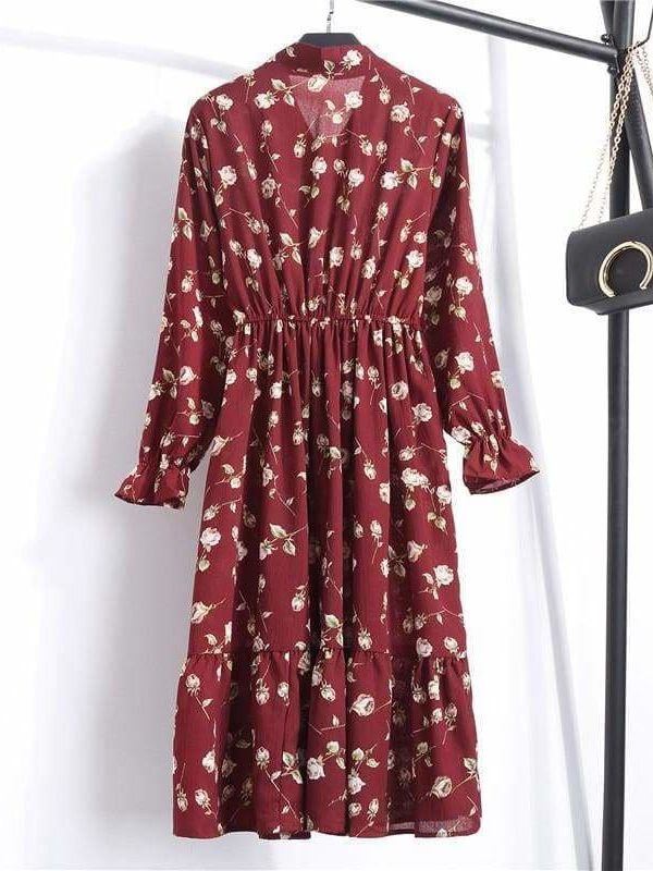 The Best Summer Autumn Chiffon Print Dress floral Long Bowknot Dresses Online - Source Silk