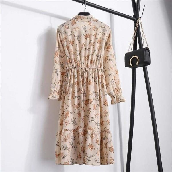 The Best Summer Autumn Chiffon Print Dress floral Long Bowknot Dresses Online - Source Silk