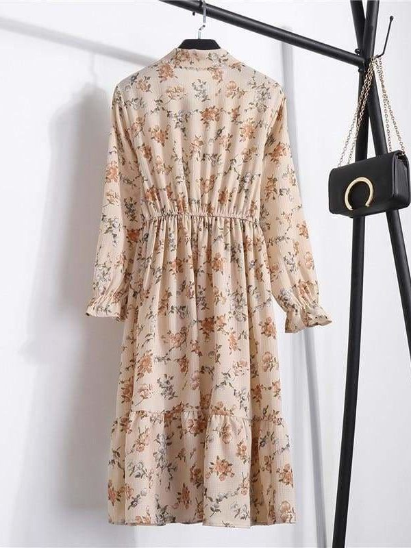 The Best Summer Autumn Chiffon Print Dress floral Long Bowknot Dresses Online - Source Silk