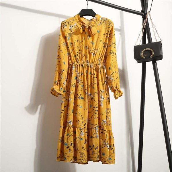 The Best Summer Autumn Chiffon Print Dress floral Long Bowknot Dresses Online - Source Silk