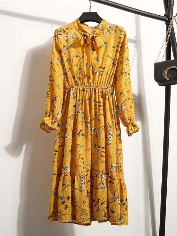 The Best Summer Autumn Chiffon Print Dress floral Long Bowknot Dresses Online - Source Silk