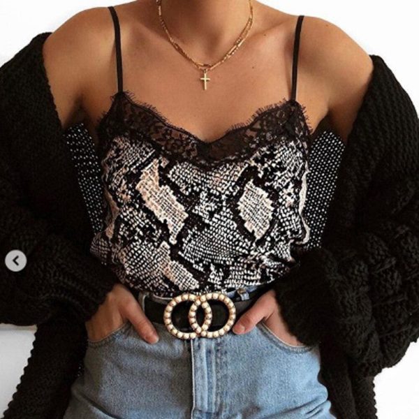 The Best Summer Cami Women Sleeveless V Neck Leopard Print Snake Print Camis Lace Patchwork Slim Club Party Top Camisole Online - Takalr