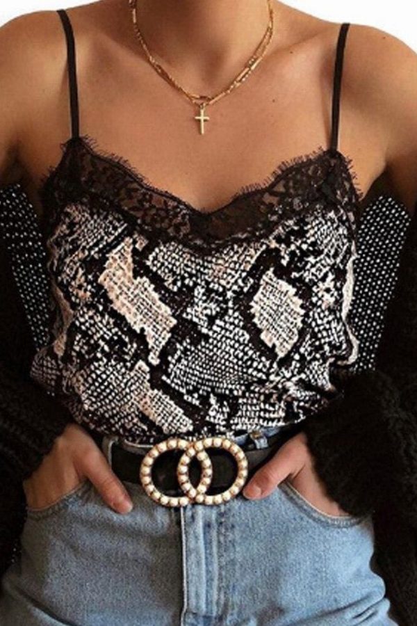 The Best Summer Cami Women Sleeveless V Neck Leopard Print Snake Print Camis Lace Patchwork Slim Club Party Top Camisole Online - Takalr