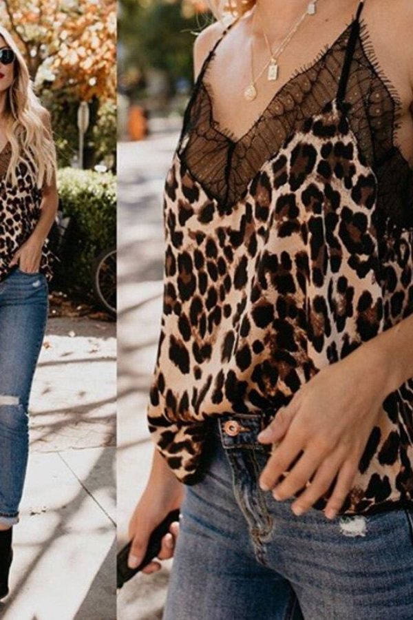 The Best Summer Cami Women Sleeveless V Neck Leopard Print Snake Print Camis Lace Patchwork Slim Club Party Top Camisole Online - Takalr