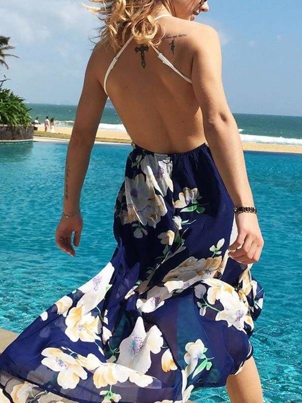 The Best Summer Dress Lace Boho Split Floral Print V-Neck Backless Beach Dress Online - Source Silk