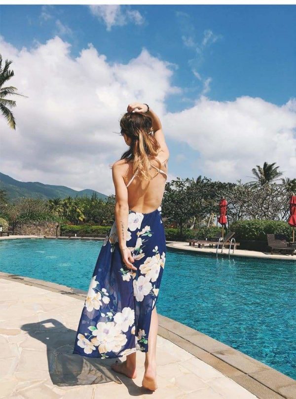 The Best Summer Dress Lace Boho Split Floral Print V-Neck Backless Beach Dress Online - Source Silk