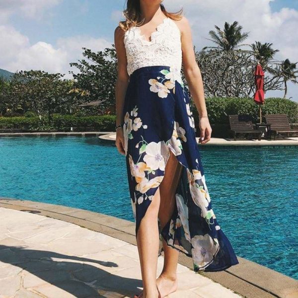 The Best Summer Dress Lace Boho Split Floral Print V-Neck Backless Beach Dress Online - Source Silk