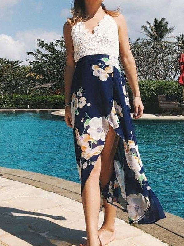 The Best Summer Dress Lace Boho Split Floral Print V-Neck Backless Beach Dress Online - Source Silk