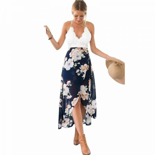 The Best Summer Dress Lace Boho Split Floral Print V-Neck Backless Beach Dress Online - Source Silk