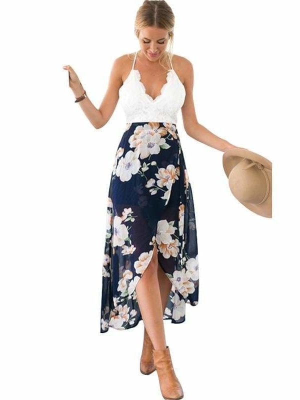 The Best Summer Dress Lace Boho Split Floral Print V-Neck Backless Beach Dress Online - Source Silk