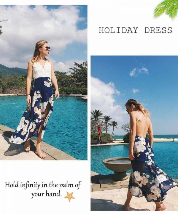 The Best Summer Dress Lace Boho Split Floral Print V-Neck Backless Beach Dress Online - Source Silk