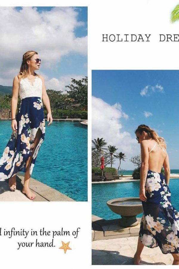 The Best Summer Dress Lace Boho Split Floral Print V-Neck Backless Beach Dress Online - Source Silk