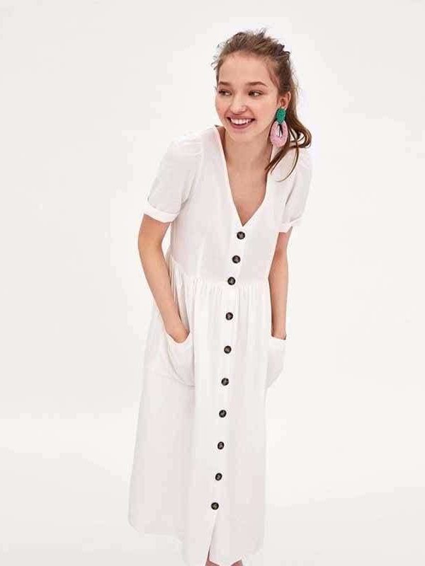 The Best Summer Dress Vestidos Straight Pockets Button Mid-Calf V-Neck Tops Online - Source Silk