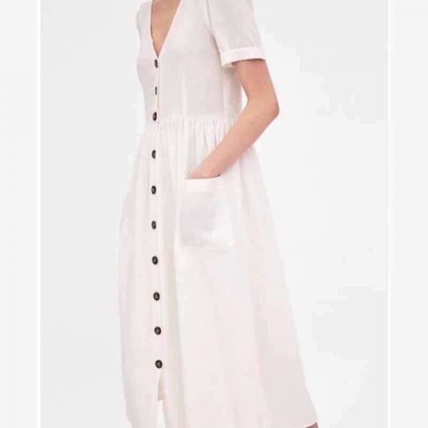 The Best Summer Dress Vestidos Straight Pockets Button Mid-Calf V-Neck Tops Online - Source Silk