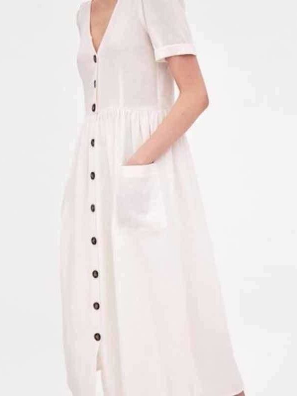 The Best Summer Dress Vestidos Straight Pockets Button Mid-Calf V-Neck Tops Online - Source Silk