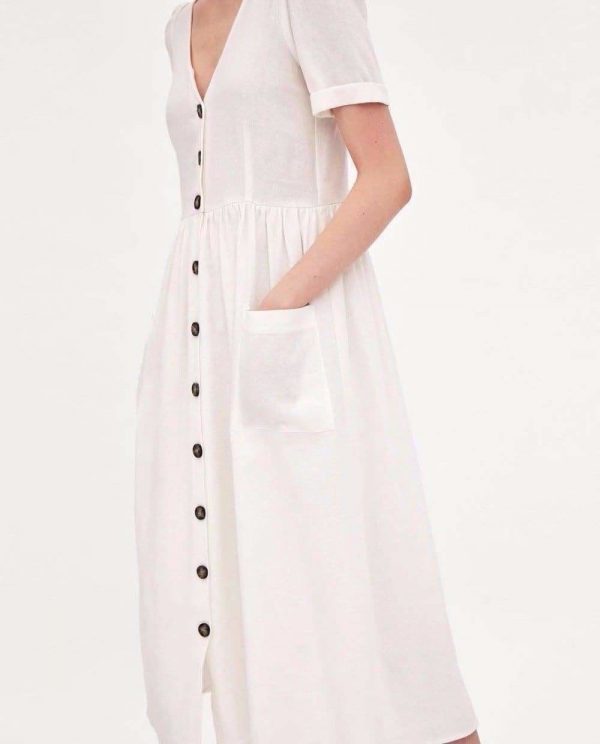 The Best Summer Dress Vestidos Straight Pockets Button Mid-Calf V-Neck Tops Online - Source Silk