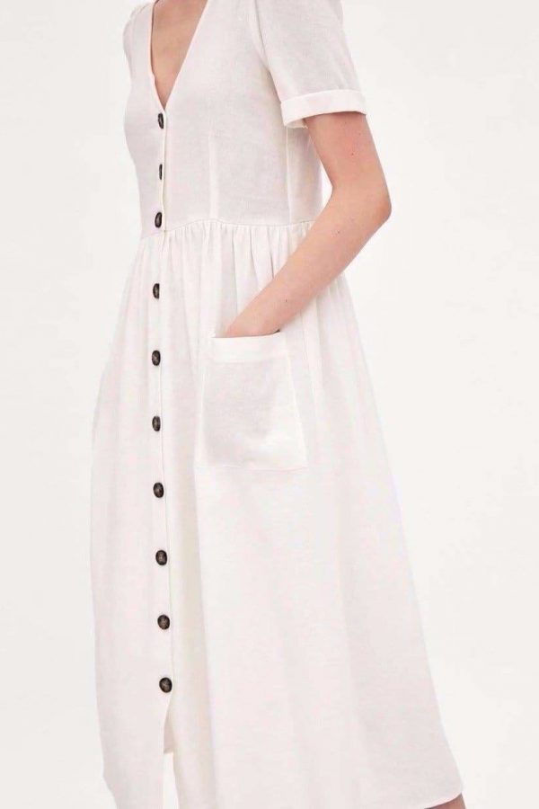 The Best Summer Dress Vestidos Straight Pockets Button Mid-Calf V-Neck Tops Online - Source Silk