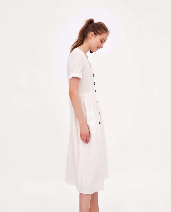 The Best Summer Dress Vestidos Straight Pockets Button Mid-Calf V-Neck Tops Online - Source Silk